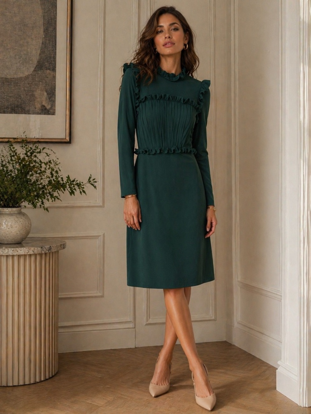 Celina’s Forest Green Ruffle Pleated Dress Elegant Modest Chic
